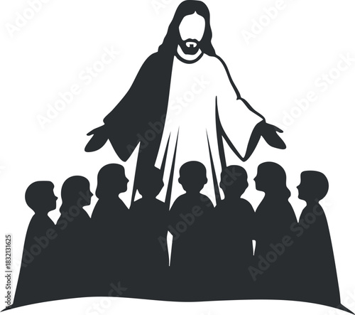 A silhouette of Jesus Christ teaching a group of disciples in a minimalist vector style, suitable for religious themes and church graphics
