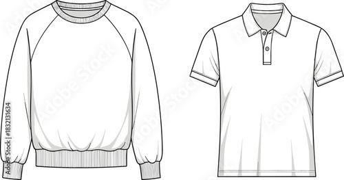 Sweatshirt and polo shirt technical drawing, raglan pullover, short sleeve collar top, vector fashion flat sketch, apparel design template