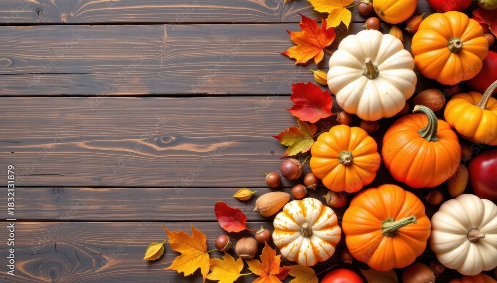Fototapeta premium Thanksgiving corn arrangement on rustic wooden table top view with colorful pumpkins and leaves