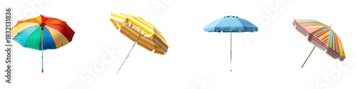 Collection of colorful beach umbrellas in various designs styles on transparent background Generative AI