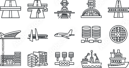 A collection of infrastructure and transportation icons including planes, ships, buildings, and energy structures in clean outline vector style, ideal for urban planning and logistics projects