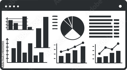 A collection of various charts and graphs displayed on a digital dashboard in black and white vector style, suitable for business analytics and reporting