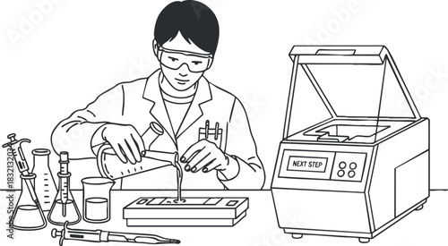 A scientist conducting an experiment with test tubes and laboratory equipment in a black and white outline style, ideal for educational materials