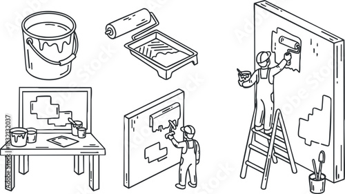 A collection of painting tools including a bucket, roller, and painter working on a wall in minimalist outline vector style, ideal for DIY projects and home improvement.