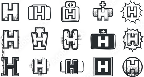 A collection of stylized letter H logos and icons in black and white vector style, suitable for healthcare branding and design