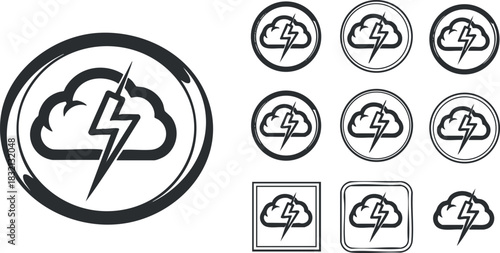 A set of storm icons featuring clouds and lightning bolts in clean black and white outline vector style, ideal for weather applications and design projects