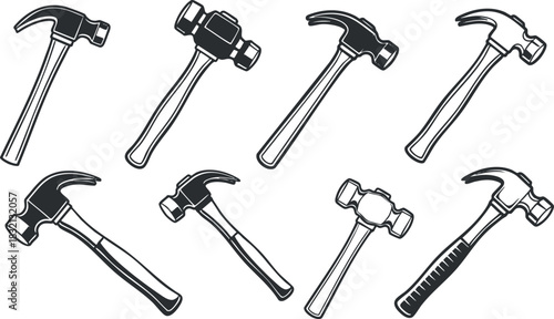 A set of various hammer illustrations in black and white outline vector style, ideal for construction and DIY projects