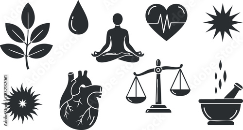 A collection of health and wellness icons including a heart, scales, leaf, and meditative figure in black and white vector style, ideal for holistic health projects