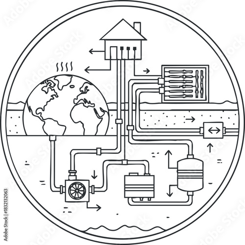 A geothermal energy system diagram showing pipes connecting a house to the earth and various components in clean outline vector style, ideal for educational materials