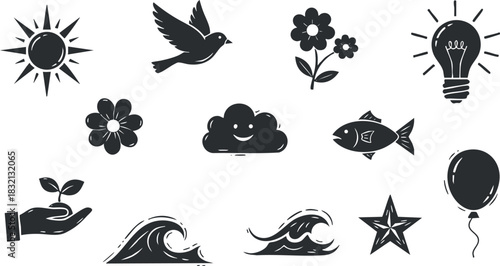 A collection of nature-themed icons including a sun, bird, flower, waves, and more in black and white minimalist vector style, ideal for creative projects.
