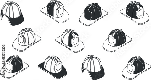 A collection of baseball caps in black and white minimalist vector style, ideal for fashion branding and apparel design