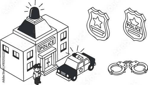 A police station building with a car, officer, badges, and handcuffs in black and white minimalist vector style, ideal for law enforcement graphics