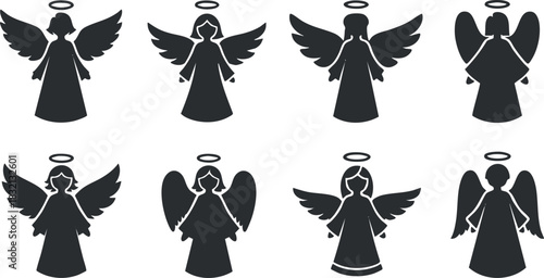 A collection of eight angel icons in black silhouette vector style, suitable for religious themes and design projects