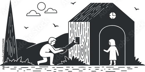A man chopping wood near a house with a girl standing at the door in minimalist black and white vector style, ideal for family and nature themes
