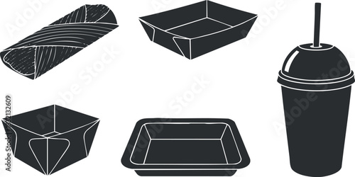 A collection of food containers including a wrap, boxes, and a drink cup in black and white minimalist vector style, suitable for restaurant branding and packaging design
