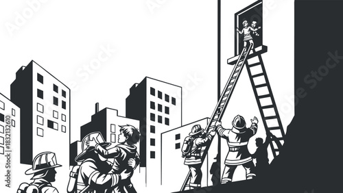 A dramatic black and white illustration of firefighters rescuing people from a building using a ladder, showcasing teamwork and heroism in an urban setting.