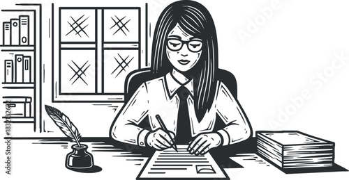 A woman writing at a desk with a quill and ink in black and white vector style, suitable for educational or professional themes
