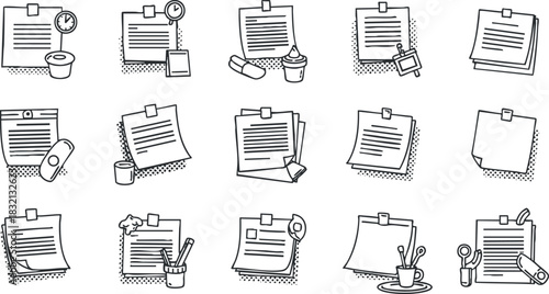 A collection of sticky notes and office supplies in black and white outline vector style, ideal for workspace organization designs