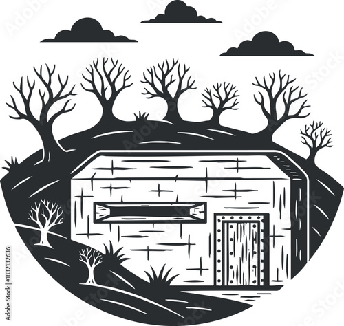 A survival bunker surrounded by trees and clouds in black and white outline vector style, ideal for outdoor adventure themes