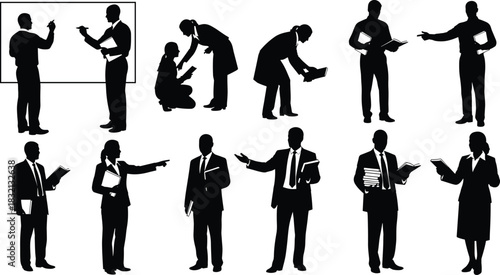 Business interaction silhouettes, professional poses, document handling, teamwork, presentation scene, black icons, vector set, flat vector, formal attire