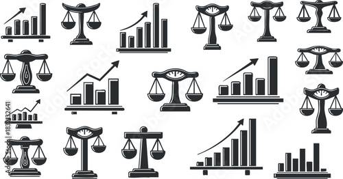 A collection of scales and bar graphs in black and white vector style, ideal for legal and financial presentations