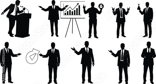 Business presentation silhouettes, public speaking, gesture pose, chart display, formal attire, black icons, vector set, flat vector, leadership stance