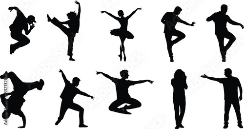 Dance silhouette set, ballet, breakdance, jump pose, expressive movement, black icons, vector pack, flat vector, dynamic choreography