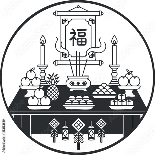 A traditional offering altar featuring fruit, candles, and incense in black and white minimalist vector style, ideal for cultural celebrations and designs