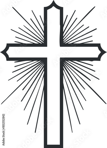 A stylized cross with rays emanating from it in black outline vector style, ideal for religious themes and artwork