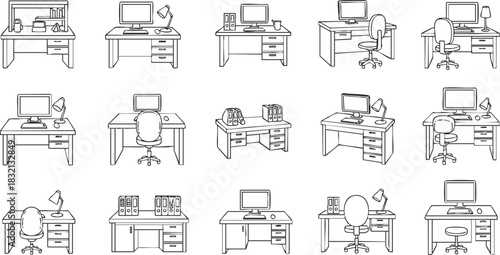 A collection of various office desk setups featuring computers, chairs, and accessories in minimalist line art vector style, suitable for interior design projects
