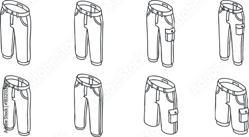 A collection of various styles of pants and trousers in clean line art vector style, suitable for fashion design and apparel branding