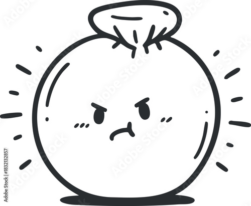 An angry cartoon bag with a frowning face in black and white outline style, perfect for playful designs and illustrations