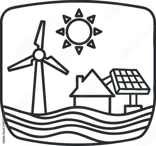 A wind turbine and solar panels next to a house in a clean outline vector style, ideal for renewable energy projects