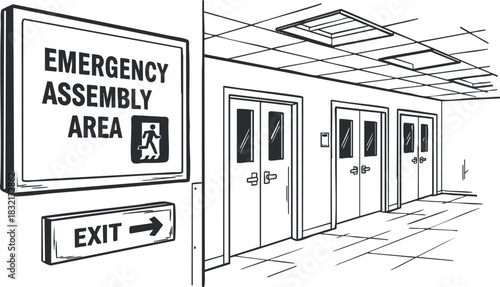 An illustration of an emergency assembly area sign with an exit indicator in a black and white minimalist vector style, suitable for safety and evacuation plans