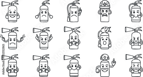 A collection of cartoon fire extinguishers with various facial expressions and gestures in outline vector style, perfect for safety-themed projects