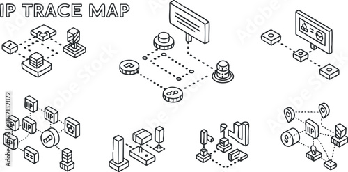 A set of chip trace map icons illustrating different components and connections in flat outline vector style, suitable for technology and engineering projects