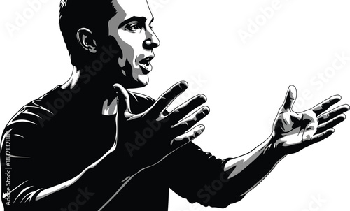 Silhouette of a man speaking with expressive hand gestures