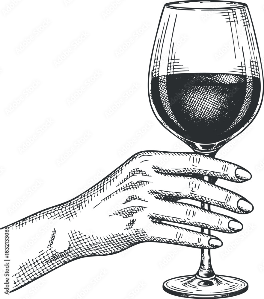 Fototapeta premium A hand holding a wine glass filled with red wine in vintage sketch style, perfect for restaurant menus and wine branding