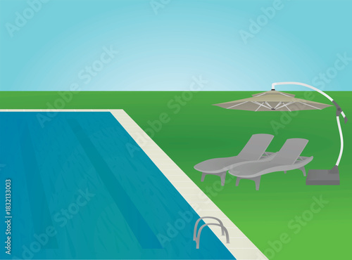 Sun umbrella and sunbeds on pool. vector	
