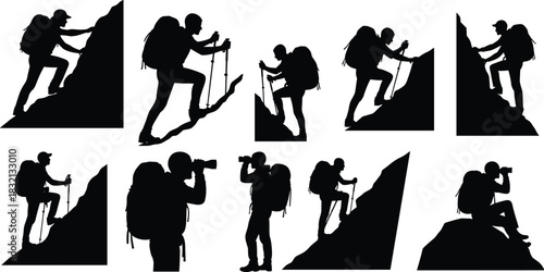 Hiking silhouette set, mountain climbers, backpack, trekking poles, outdoor adventure, nature exploration, black icons, vector pack, flat vector