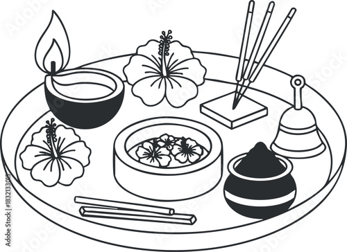 A plate with sushi, hibiscus flowers, tea, and chopsticks in black and white minimalist vector style, ideal for restaurant menus