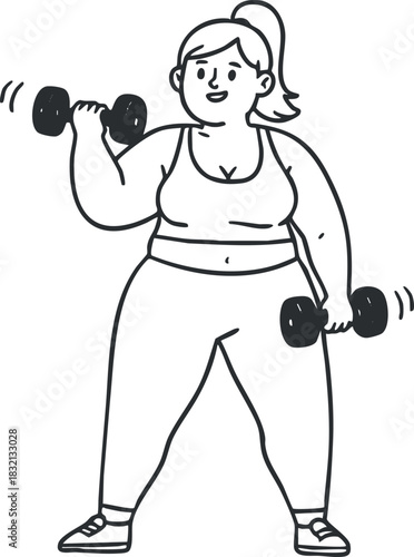 A plus-sized woman lifting dumbbells in a playful outline style, suitable for fitness and health-related designs
