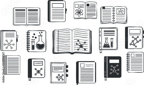 A collection of science-themed books and notebooks featuring laboratory icons in a minimalist black and white vector style, suitable for educational materials and academic design