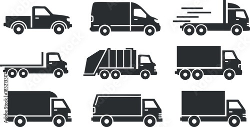 A collection of various truck and vehicle icons in black and white outline vector style, suitable for transportation and logistics themes