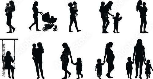 Mother and child silhouettes, pregnancy, childcare scenes, parenting moments, family bond, black icons, vector set, flat vector, motherhood poses