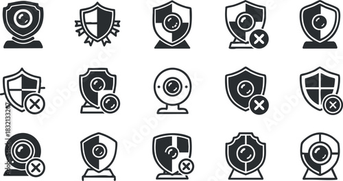 A collection of security shield and webcam icons in flat black and white vector style, ideal for cybersecurity and privacy themes