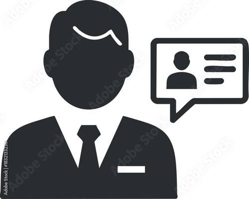 A silhouette of a businessman with a speech bubble showing a profile and information in flat monochrome style, suitable for business communication concepts.