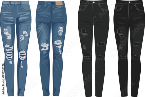 skinny jeans, ripped, distressed, denim, fashion, garment, clothing, pants, black, blue, style, texture, patch, waistband, casual, trendy, illustration, design, template, cad drawing flat vector