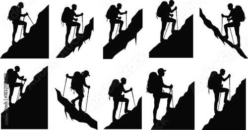 Steep hiking silhouettes, mountain climbers, backpack, trekking poles, rugged terrain, outdoor adventure, black icons, vector set, flat vector