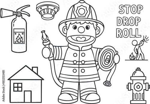 A collection of fire safety icons including a firefighter, fire extinguisher, house, and hydrant in outline vector style, ideal for educational materials